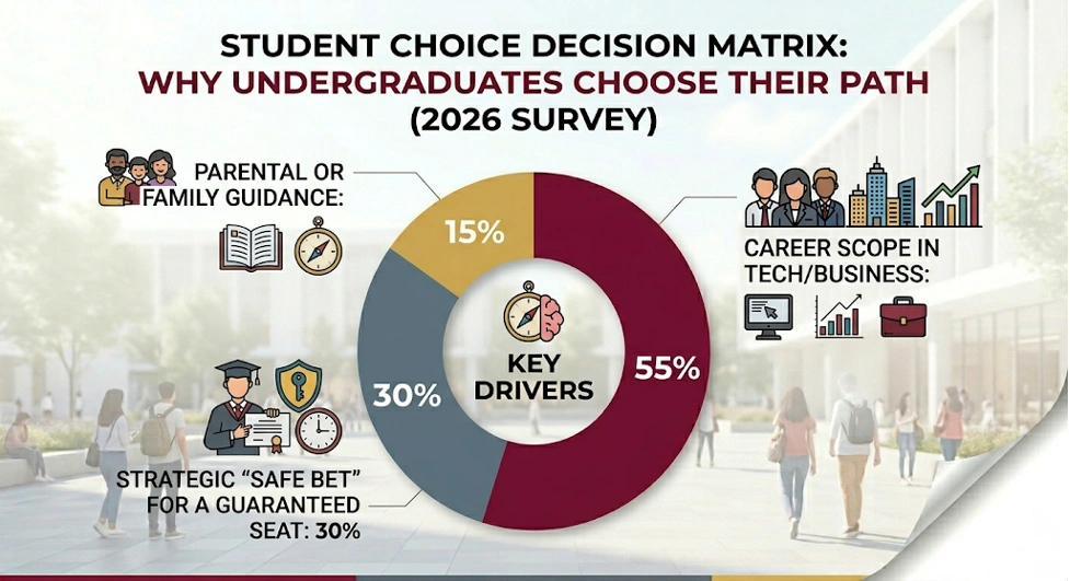 Donut chart displaying what drives student course selection, showing 55% prioritizing career and tech scope over parental advice