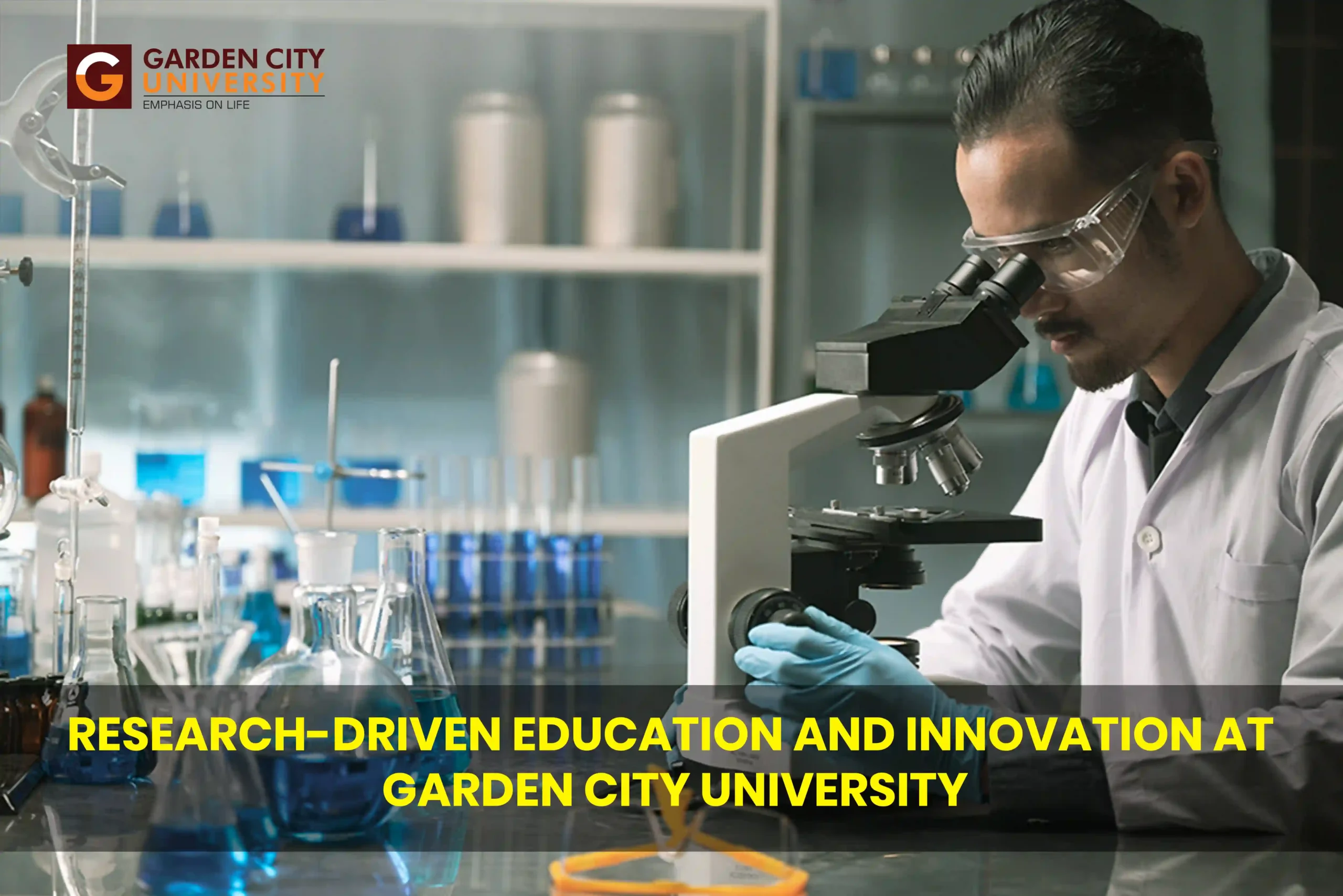 Garden City University student conducting laboratory research as part of a research-driven education program. The image showcases the focus on science, innovation, and practical learning at GCU Bangalore
