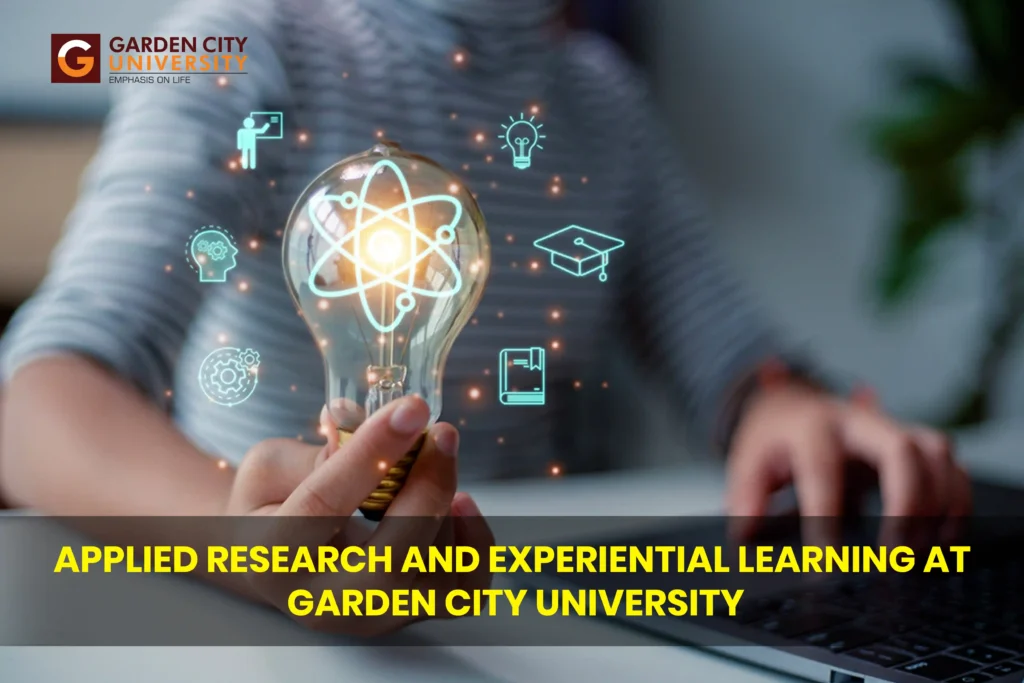 A student working on a laptop with a glowing lightbulb overlay containing an atom symbol, surrounded by digital icons representing research, ideas, and academic learning. Text at the bottom reads: Applied Research and Experiential Learning at Garden City University.