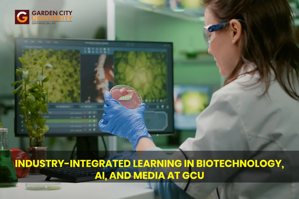 Garden City University student exploring industry-integrated learning in biotechnology and AI. This image represents GCU Bangalore's focus on future-ready skills, sustainable food technology, and media innovation.