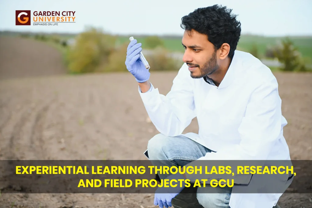 Garden City University student engaged in experiential learning through field projects and agricultural research. The image showcases GCU Bangalore’s hands-on approach to lab work and outdoor scientific study.