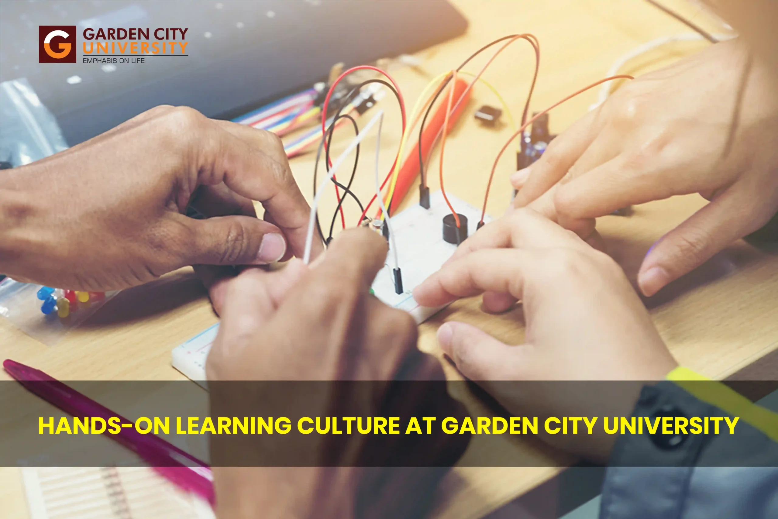 Practical hands-on learning culture at Garden City University Bangalore. The image shows students collaborating on electronics and engineering projects, highlighting GCU’s focus on technical skill development.