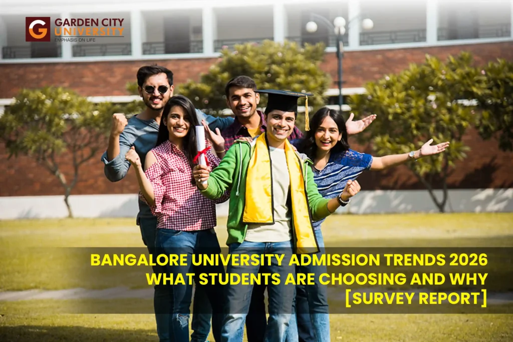 A group of five cheerful university graduates in casual wear celebrating together on a green campus lawn, with one holding a degree scroll. Text at the bottom reads: Bangalore University Admission Trends 2026: What Students Are Choosing and Why [Survey Report]